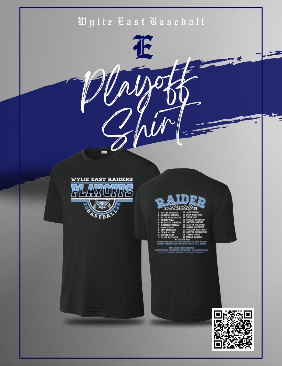 Wylie East Baseball (@weraiderbb) on Twitter photo Our ticket is punched! Now get your playoff shirts. Scan the QR or use the link! <a href="/WEABCBooster/">Wylie East Athletics Booster Club</a> <a href="/WEHS_Raiders/">WEHS_Raiders</a>
…st-baseball-playoffs-25.itemorder.com/shop/sale/ Our ticket is punched! Now get your playoff shirts. Scan the QR or use the link! <a href="/WEABCBooster/">Wylie East Athletics Booster Club</a> <a href="/WEHS_Raiders/">WEHS_Raiders</a>
…st-baseball-playoffs-25.itemorder.com/shop/sale/