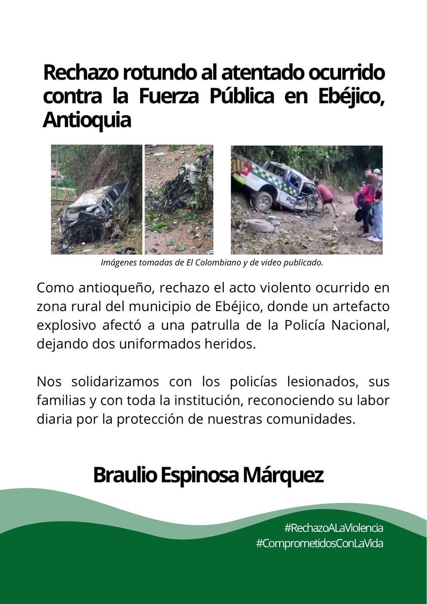¡No rotundo a los actos de violencia! 

Atentar contra quienes nos protegen es atentar contra toda Antioquia.

Lo ocurrido en Ebéjico es inaceptable, esperamos que las autoridades competentes logren esclarecer los hechos y hacer justicia.