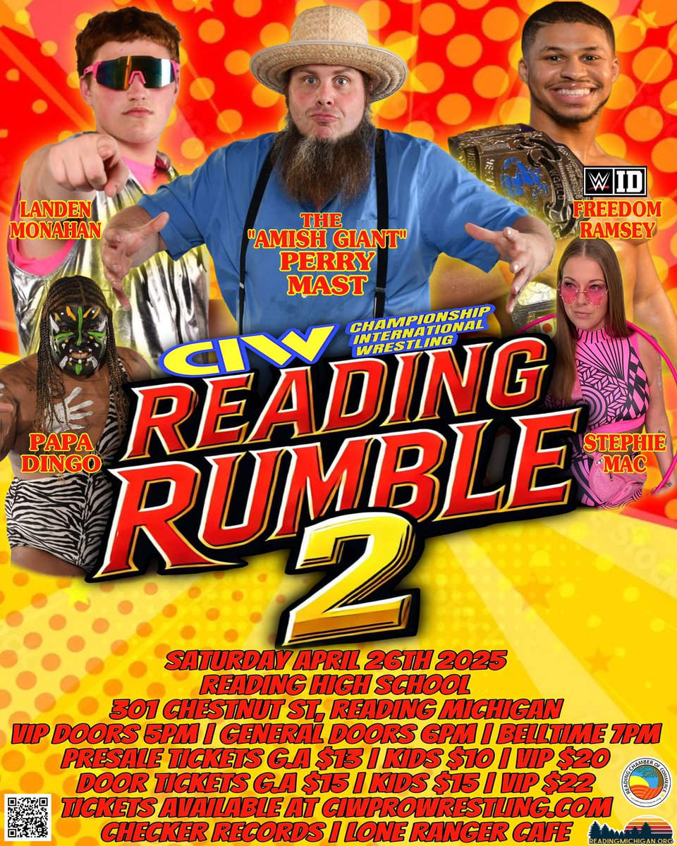 WRESTLING FANS! Get ready for CIW Reading Rumble 2 — LIVE at Reading High School on Saturday, April 26th, 2025!

The stars of Championship International Wrestling are coming to tear the roof off with high-octane, family-friendly action featuring:

Landen Monahan | “The Amish