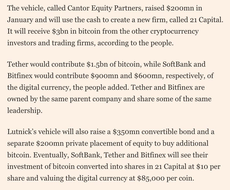 BULLISH: 21 Capital—a multibillion-dollar Bitcoin acquisition vehicle—just smash bought $3B in BTC, backed by the Commerce Secretary’s son, Brandon Lutnick. 🚀

This could snowball into something bigger than MSTR! 👀