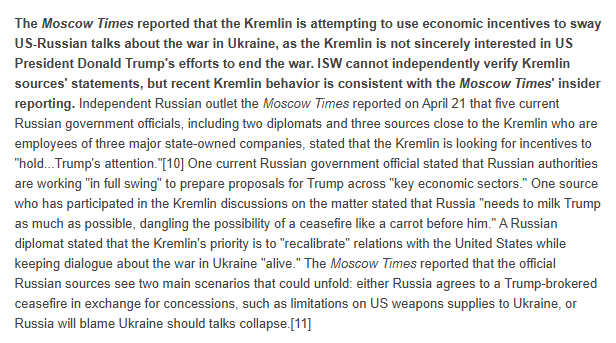 Institute for the Study of War (@thestudyofwar) on Twitter photo 2/ <a href="/MoscowTimes/">The Moscow Times</a> reported that the Kremlin is attempting to use economic incentives to sway US-Russian talks about the war in Ukraine, as the Kremlin is not sincerely interested in Trump's efforts to end the war. ISW cannot independently verify Kremlin sources' statements, but 2/ <a href="/MoscowTimes/">The Moscow Times</a> reported that the Kremlin is attempting to use economic incentives to sway US-Russian talks about the war in Ukraine, as the Kremlin is not sincerely interested in Trump's efforts to end the war. ISW cannot independently verify Kremlin sources' statements, but