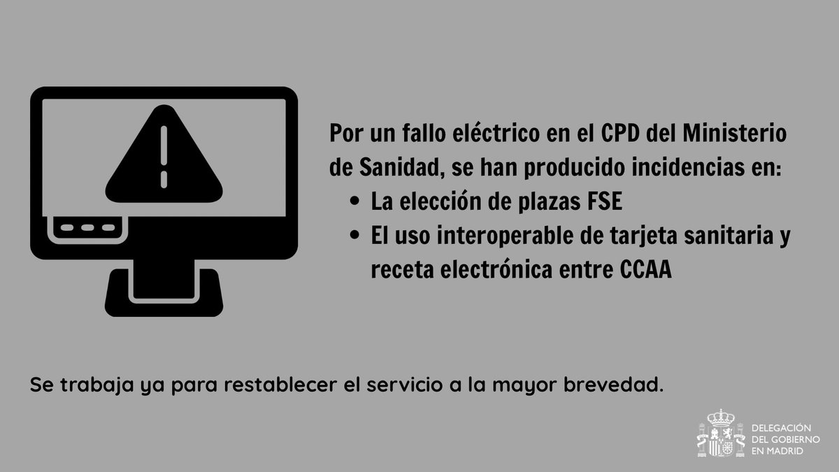 ⚠️Información importante: Por un fallo eléctrico en el Centro de  Procesamiento de Datos del Ministerio de Sanidad, se han producido  incidencias en: 1️⃣La elección de plazas FSE 2️⃣El uso interoperable de  tarjeta, image size:1200x675