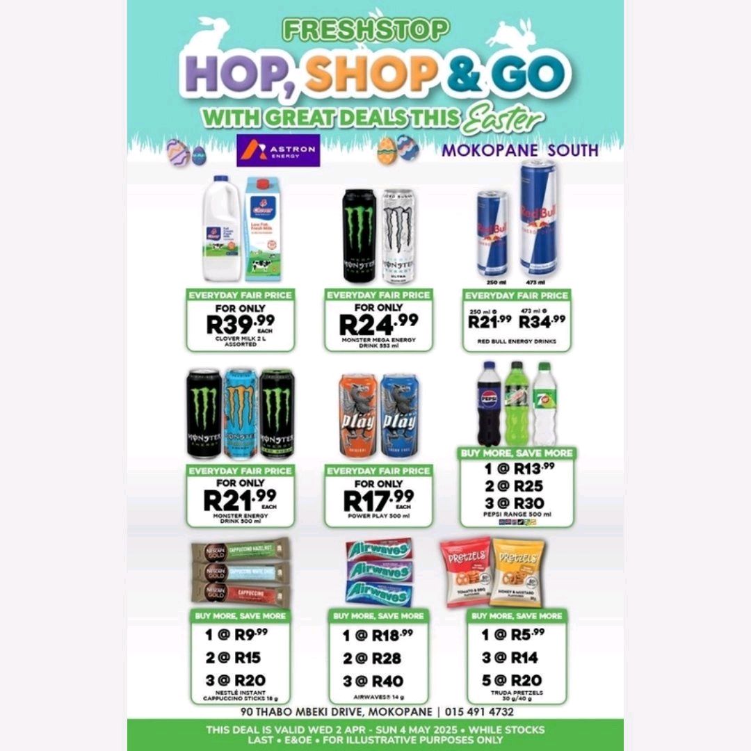 Pages_Potties's tweet image. 🚀 Hop, Shop &amp;amp; Go with these amazing Easter deals at FreshStop! 🌟 Save on your favorite drinks and snacks today! Valid until 4 May 2025. Don't miss out! 🛒 #Deals #EasterSavings #FreshStop #Mokopane