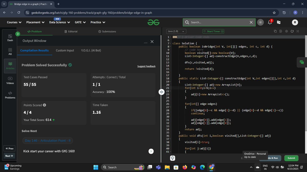 Rameshwari (@datacode2025) on Twitter photo Day 145✅Of 160gfg Challenge
Problem-Bridge Edge in a Graph
Approach-Checks if an edge ((c, d)) is a bridge by:Removing ((c, d)) from the graph.Running DFS from c to see if d is still reachable.If d is not visited, ((c, d)) is a bridge.#160gfgchallenge <a href="/geeksforgeeks/">GeeksforGeeks</a> #womenintech Day 145✅Of 160gfg Challenge
Problem-Bridge Edge in a Graph
Approach-Checks if an edge ((c, d)) is a bridge by:Removing ((c, d)) from the graph.Running DFS from c to see if d is still reachable.If d is not visited, ((c, d)) is a bridge.#160gfgchallenge <a href="/geeksforgeeks/">GeeksforGeeks</a> #womenintech