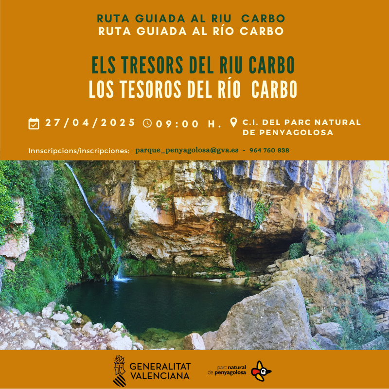 👉 El Parc Natural de Penyagolosa organitza una eixida senderista fins al riu Carbó i el seu naixement i voltants

🏔 Una aventura en mig de la natura amb la dinamització i informació d'experts del Parc

📲 Tota la informació i inscripcions al cartell adjunt.