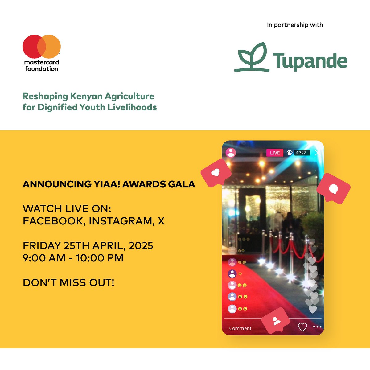 YIAAAwards's tweet photo. 🔴 𝐓𝐡𝐞 𝐜𝐨𝐮𝐧𝐭𝐝𝐨𝐰𝐧 𝐭𝐨 𝐭𝐡𝐞 𝐘𝐨𝐮𝐧𝐠 𝐏𝐞𝐨𝐩𝐥𝐞 𝐢𝐧 𝐀𝐠𝐫𝐢𝐜𝐮𝐥𝐭𝐮𝐫𝐞 𝐀𝐰𝐚𝐫𝐝𝐬 𝐆𝐚𝐥𝐚 𝐢𝐬 𝐨𝐧! 🔴

Join us 𝐋𝐈𝐕𝐄 𝐎𝐍 𝐒𝐎𝐂𝐈𝐀𝐋 𝐌𝐄𝐃𝐈𝐀 and together, let’s celebrate the next generation of changemakers in agriculture. 

Don’t miss this unforgettable moment. Witness the incredible innovations of our finalists, get inspired and cheer them on as they race towards the top prize!

🗓️ 𝐅𝐫𝐢𝐝𝐚𝐲 𝟐𝟓𝐭𝐡 𝐀𝐩𝐫𝐢𝐥, 𝟐𝟎𝟐𝟓
🔴 𝐖𝐚𝐭𝐜𝐡 𝐭𝐡𝐞 𝐥𝐢𝐯𝐞 𝐬𝐭𝐫𝐞𝐚𝐦 𝐨𝐧 𝐨𝐮𝐫 𝐨𝐟𝐟𝐢𝐜𝐢𝐚𝐥 𝐅𝐚𝐜𝐞𝐛𝐨𝐨𝐤, 𝐈𝐧𝐬𝐭𝐚𝐠𝐫𝐚𝐦 𝐚𝐧𝐝 𝐗 𝐩𝐚𝐠𝐞𝐬: @𝐘𝐈𝐀𝐀𝐀𝐰𝐚𝐫𝐝𝐬
🕘 𝟗:𝟎𝟎 𝐀𝐌 - 𝟏𝟎:𝟎𝟎 𝐏𝐌

#YIAA #YoungPeopleInAgricultureAwards #YoungFarmersRising #YoungAgripreneursKenya #AgricultureIsYouthful #CelebratingTheYoung #VijanaKwenyeKilimoNiMabingwa
