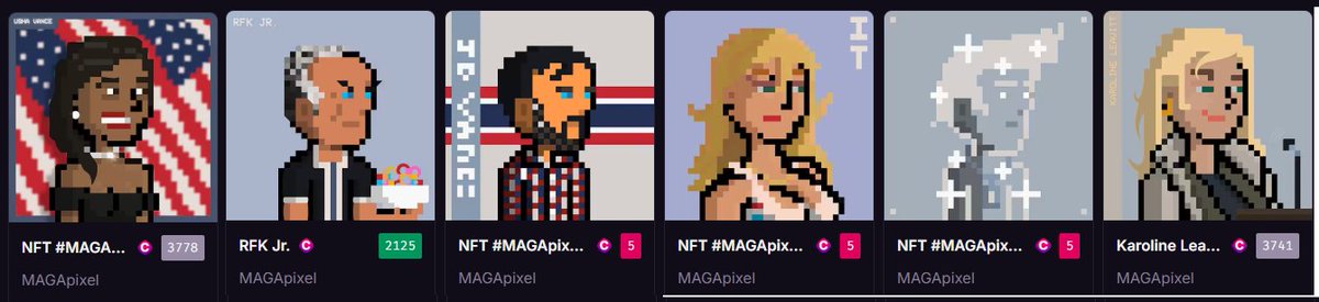 My Favs from <a href="/MAGApixel_NFT/">MAGApixel/MEOWGA - WE THE DEGENS</a> !  <a href="/IvankaNews_/">Ivanka Trump 🇺🇲 🦅 News</a> <a href="/JDVance/">JD Vance</a> <a href="/RobertKennedyJc/">Robert F. Kennedy Jr. - News</a> <a href="/PressSec/">Karoline Leavitt</a> <a href="/TheReal98094263/">TheRealDonaldTrump</a>