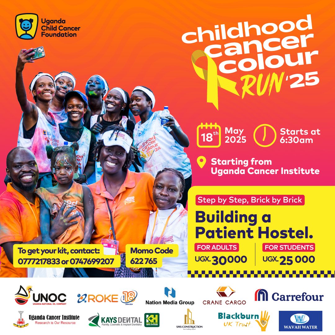 Happening on 18th of May at <a href="/UgandaCancerIns/">Uganda Cancer Institute</a> is the 3rd Edition of the Childhood Cancer Colour Run

Proudly sponsored by <a href="/roketelkomug/">Roke Telkom</a> <a href="/NationMediaGrp/">Nation Media Group</a> <a href="/CarrefourUG/">Carrefour Uganda</a> <a href="/KaysdentalUg256/">Kays Dental Clinics</a> <a href="/UNOC_UG/">UNOC</a> <a href="/smsconstltd/">SMS Construction Ltd</a> <a href="/crane_cargo/">Crane Cargo</a> 

Kits can be picked from all Carrefour outlets, <a href="/EndiroCoffee/">Endiro Coffee</a>