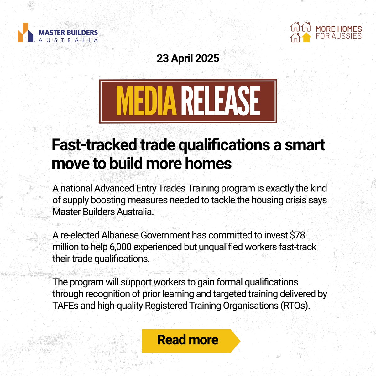 We need more skilled, qualified tradies on the ground to build the homes our communities desperately need.

This program fast-tracks that goal by helping experienced workers get the qualifications and recognition they deserve.

Full release: masterbuilders.com.au/fast-tracked-t…