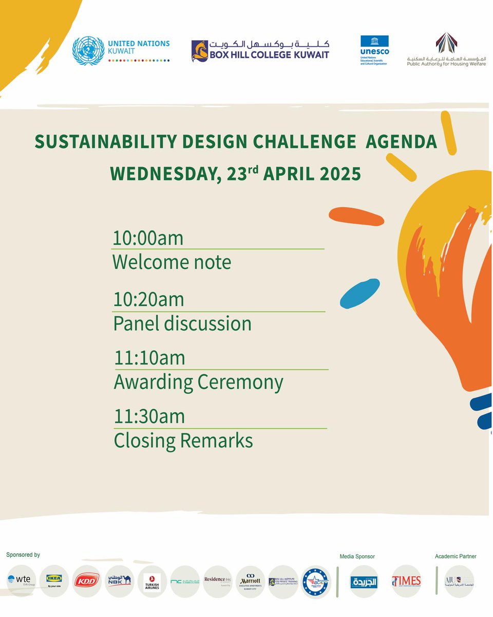 UNinKuwait's tweet photo. In Celebration with the @UN #WorldInnovationandCreativityDay, @BoxHillCollege is proud to organise the #SustainabilityDesign Challenge 2025 in collaboration with @UNinKuwait @UNESCOarabic & @pahwgovkw. Stay tuned forthe winning students π https://t.co/iMyzLBYqIo