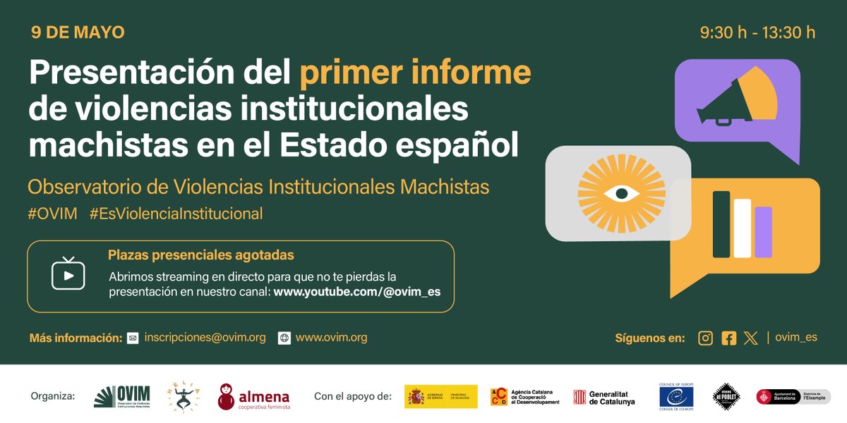 Plazas presenciales agotadas ‼️

Abrimos #streaming para que nadie se pierda la presentación del primer informe de violencias institucionales machistas en el Estado español ⏯️: youtube.com/live/te2x42VBb…

Lista de espera por si queda alguna plaza libre: docs.google.com/forms/d/e/1FAI…