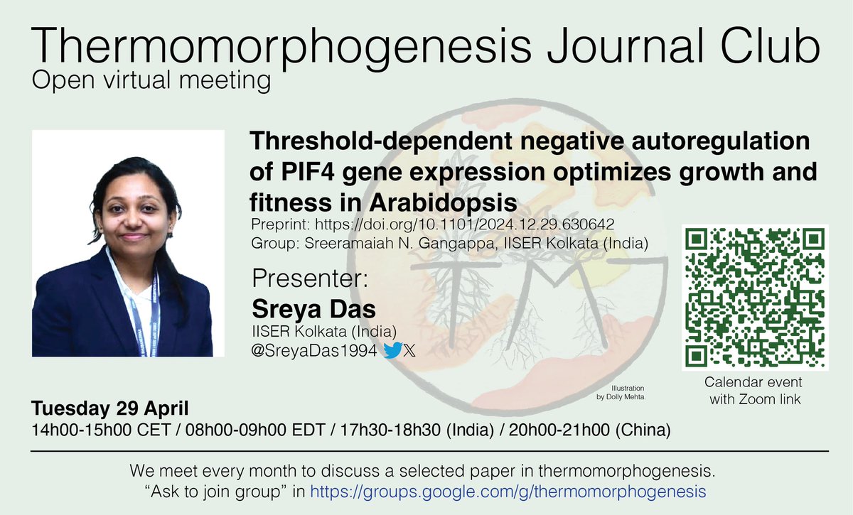📣 Thermomorphogenesis community 📣 
Next week, <a href="/SreyaDas1994/">Sreya Das, PhD</a> will present her preprint on the autoregulation of PIF4 expression in our JC!
Come join us!