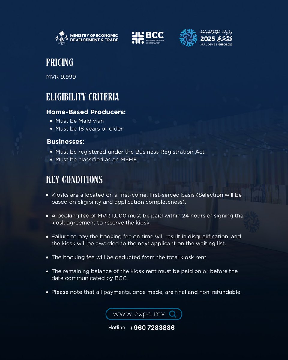 mv_expo's tweet photo. The Marketplace District is now open for registrations! Calling all home-based producers and registered businesses to be part of Maldives Expo 2025.

Registration link: https://t.co/4mWwYqUXxZ https://t.co/Ssk3o2GhwP