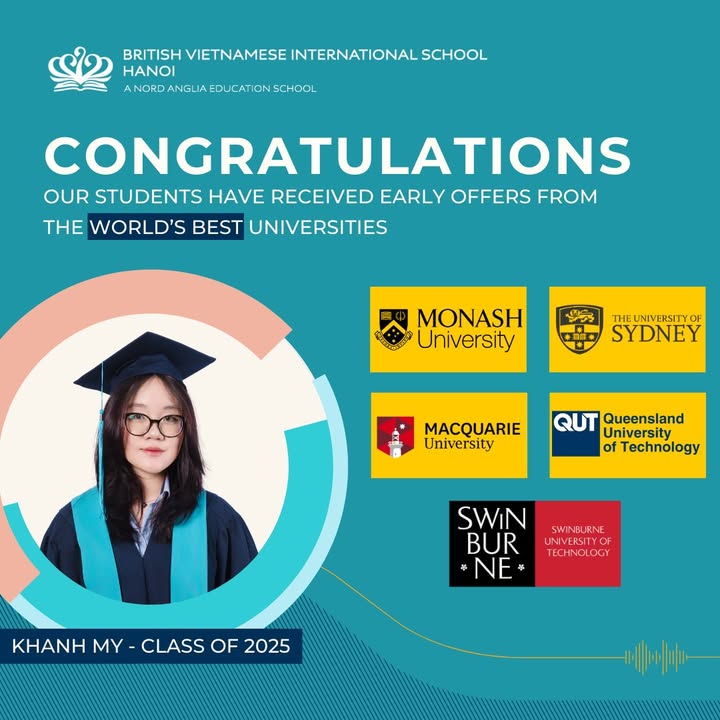 BVISHanoi's tweet image. Congrats to Khanh My on offers from top Aussie unis incl. Monash (QS #37), Sydney (QS #18) & more 🇦🇺
From music and community service to Social Sciences – her global journey begins!
🔗 Read full post on our school’s Facebook page📲
#BVISProud #StudyInAustralia #ClassOf2025