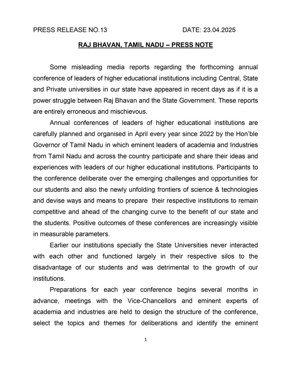 lokbhavan_tn's tweet photo. Press Release No: 13
#PressRelease #VCConference #GovernorRavi #RajBhavan https://t.co/iIh8hR1Elp