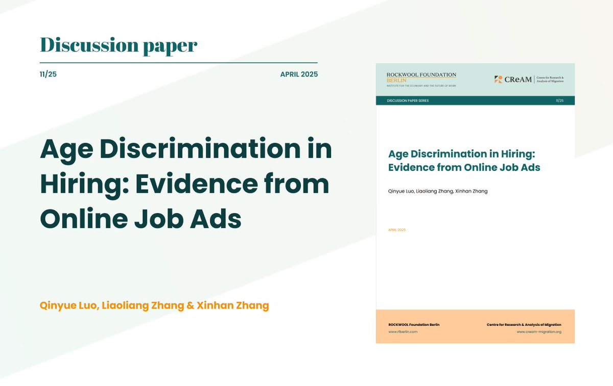 🆕 RFBerlin-<a href="/CReAM_Research/">CReAM</a> Discussion Paper: <a href="/luo_qinyue/">Qinyue LUO</a>, <a href="/LiaoliangZ/">Zhang Liaoliang</a>, and Xinhan Zhang study what job ads in China reveal about explicit age discrimination in the labor market. 🧵