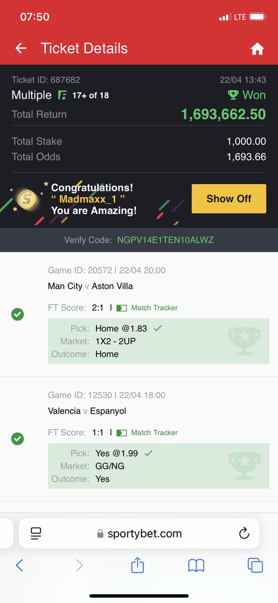 soccerpunterr's tweet photo. Cut 1 on 18k ODDS + literally 1k Stake =47 Million Congrats  if you played and won. https://t.co/tebVRuA6pa
