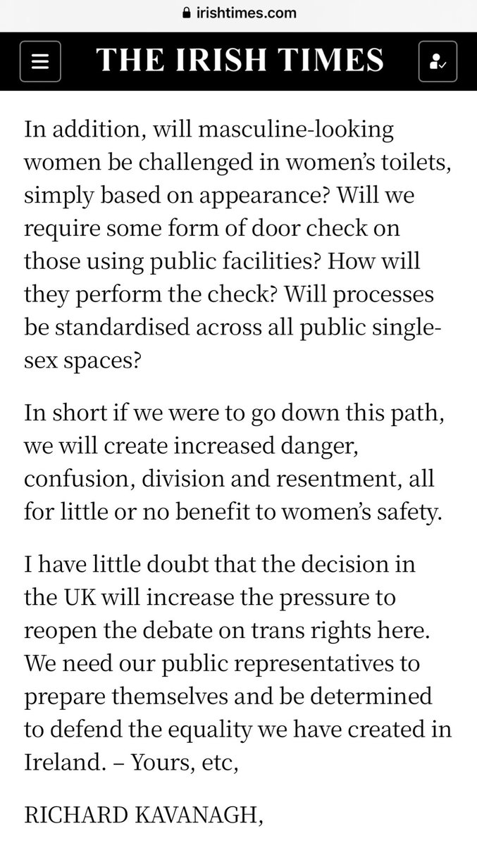 Karen Sugrue 🏳️⚧️ 🇵🇸 (@karsugrue) on Twitter photo “People have been able to self identify as trans in Ireland since 2015. Since then there have been no recorded incidents of assault by trans women in single sex spaces in Ireland”
Great letter in <a href="/ITletters/">Irish Times Letters</a> today
#TransRightsAreHumanRights #TransRights #translivesmatter “People have been able to self identify as trans in Ireland since 2015. Since then there have been no recorded incidents of assault by trans women in single sex spaces in Ireland”
Great letter in <a href="/ITletters/">Irish Times Letters</a> today
#TransRightsAreHumanRights #TransRights #translivesmatter