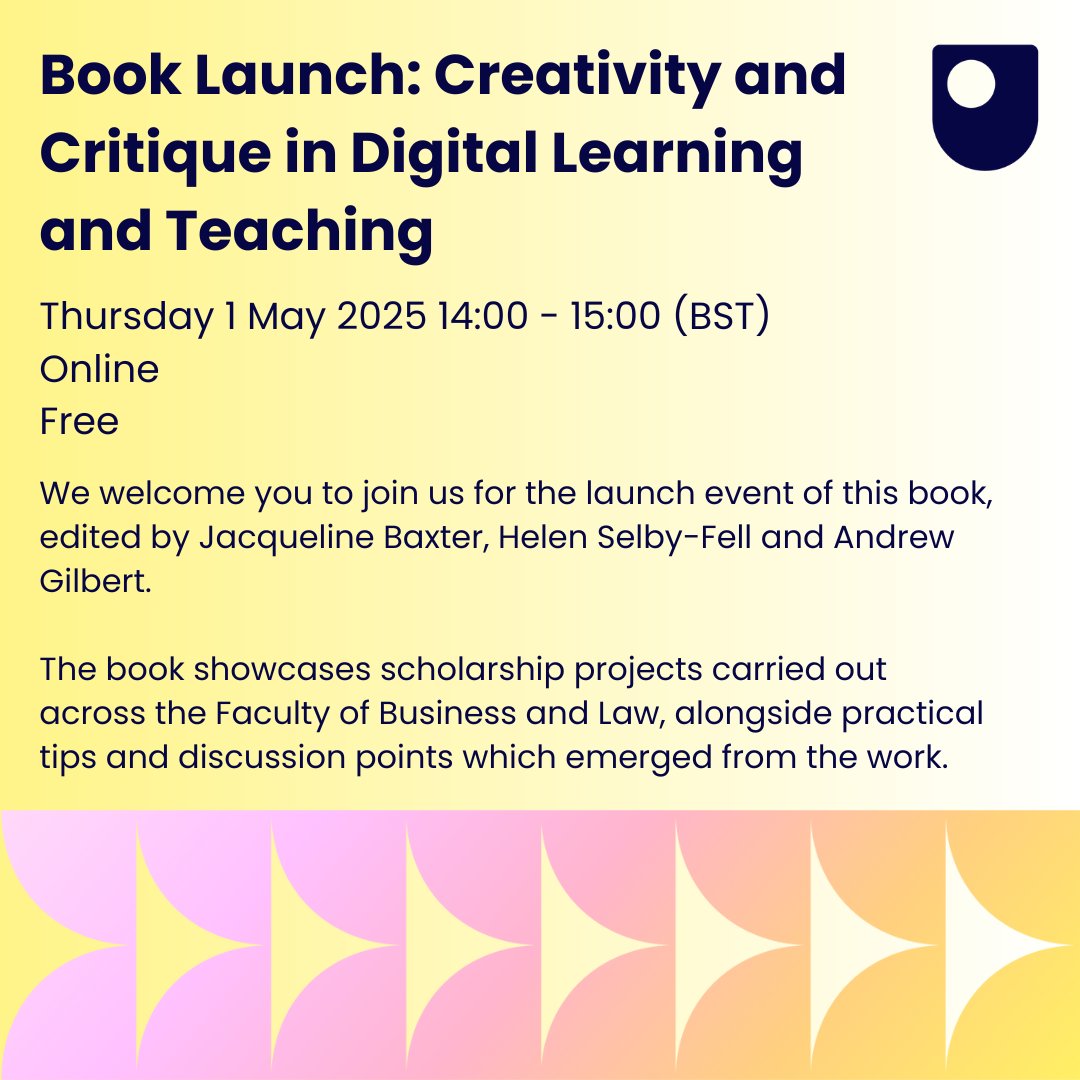 Faculty of Business & Law, The Open University (@ou_fbl) on Twitter photo ‘Creativity and Critique in Digital Learning and Teaching’ is an open access book edited by <a href="/OU_FBL/">Faculty of Business & Law, The Open University</a> academics.
<a href="/OU_SCiLAB/">OU SCiLAB</a> are delighted to be hosting a launch event for the book.
Download your copy: ow.ly/2AeN50VAXCv
Attend the launch event: ow.ly/X65Y50VAXCQ ‘Creativity and Critique in Digital Learning and Teaching’ is an open access book edited by <a href="/OU_FBL/">Faculty of Business & Law, The Open University</a> academics.
<a href="/OU_SCiLAB/">OU SCiLAB</a> are delighted to be hosting a launch event for the book.
Download your copy: ow.ly/2AeN50VAXCv
Attend the launch event: ow.ly/X65Y50VAXCQ