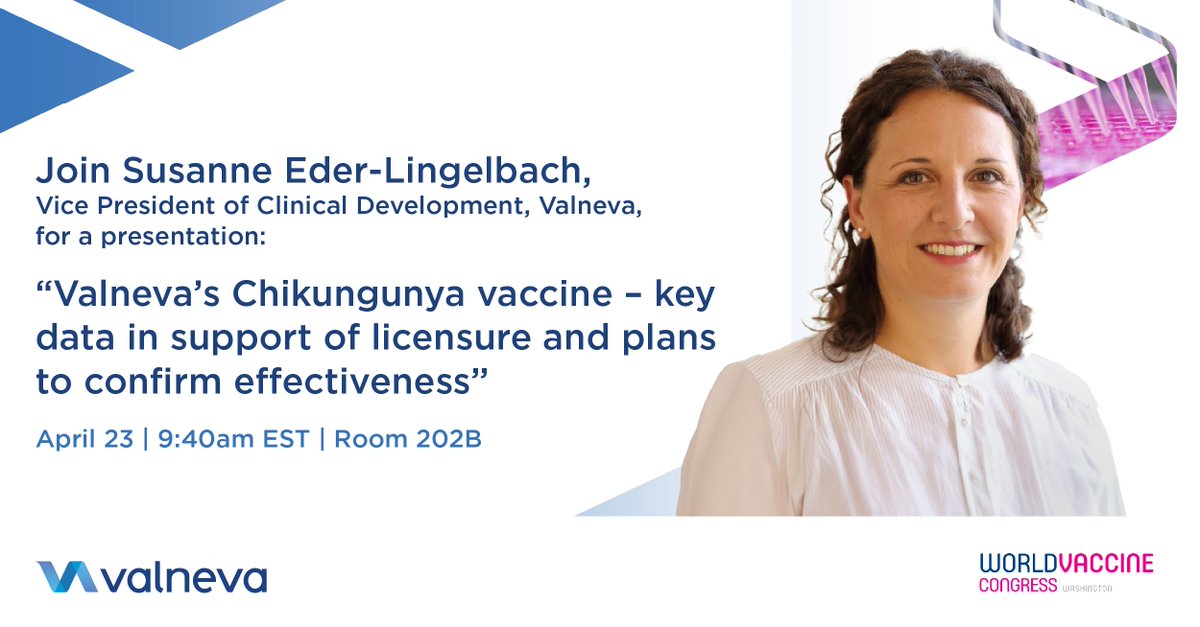 Today at the World Vaccine Congress our VP of Clinical Development, Susanne Eder-Lingelbach will be sharing vital insights into our chikungunya vaccine.  

Find us in Room 202B for her presentation. 

#WVCUSA