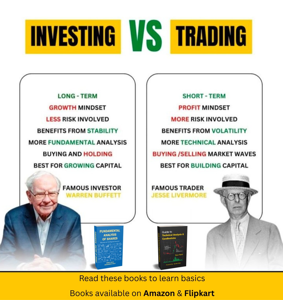 BuzzingstockH's tweet image. Investing vs Trading ⚖️

Know difference before you dive in!

🧠 Growth vs Profit mindset
📊 #FundamentalAnalysis vs #TechnicalAnalysis
💰 Choose wisely &amp;amp; build wealth!

📚 Read books to learn basics of both.

🩷 &amp;amp;🔁to share knowledge

#Investing #Trading #StockMarketIndia