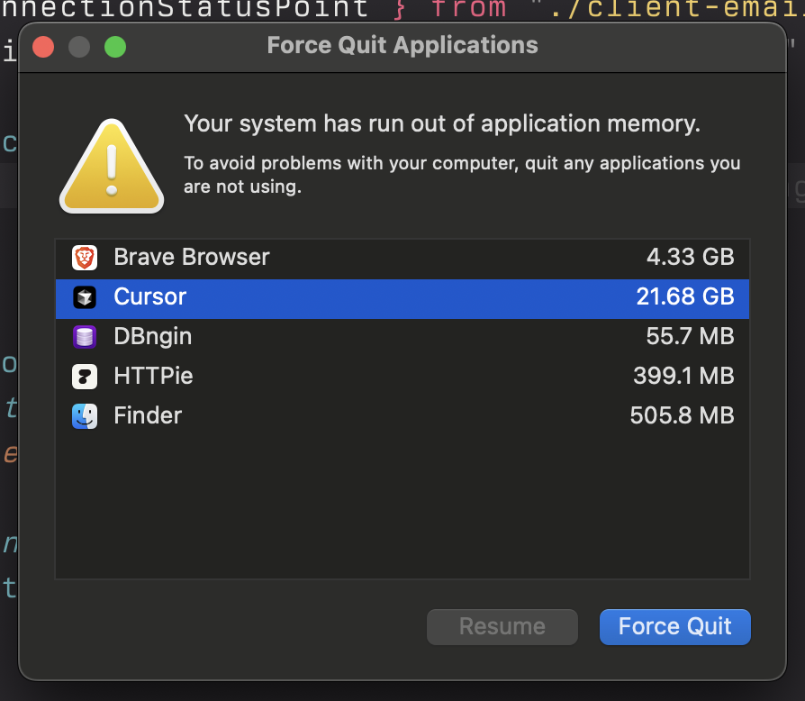 sidborderwala's tweet photo. I have just ONE project open in Cursor and it's  consuming 22 gigs of RAM???

I blamed cursor first, but looking at the Activity Monitor paints a better picture. The culprit? next-server with turbo! https://t.co/ZhhRXPO0su