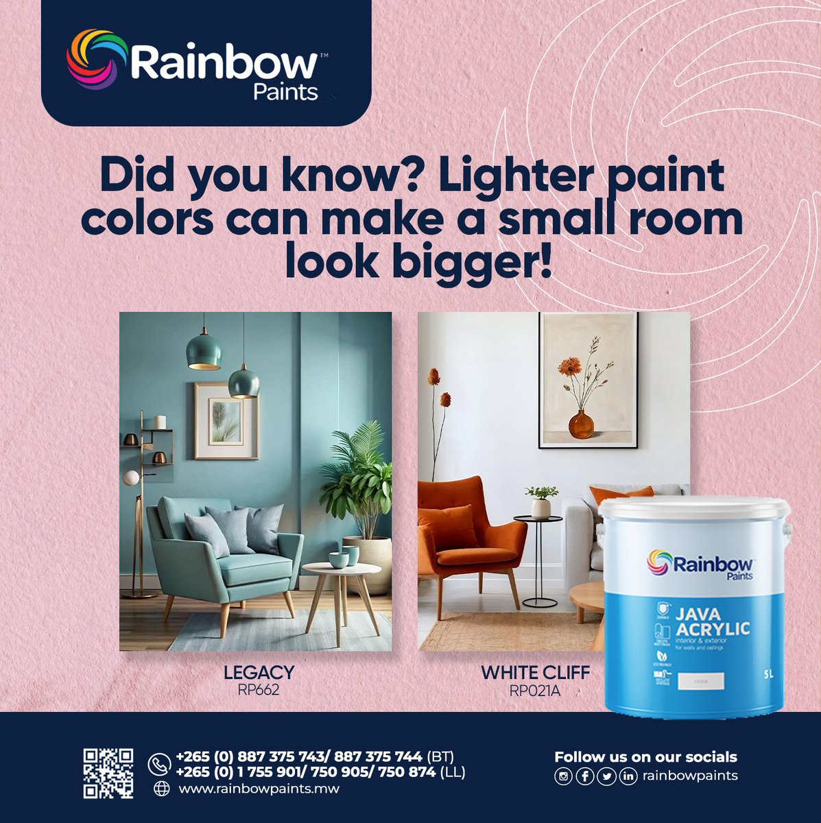 rainbowpaintsmw's tweet photo. Small room? Go light and make it feel spacious and airy.
#PaintTips #LightAndBright #SpaceHack #InteriorDesign #RainbowPaints https://t.co/ecgkPCZZzE