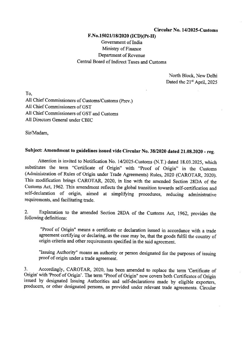 CAclubindia's tweet photo. #CBIC Amends Customs Circular to Replace 'Certificate of Origin' with 'Proof of Origin' under CAROTAR, 2020 https://t.co/Uyt5dLZr1r