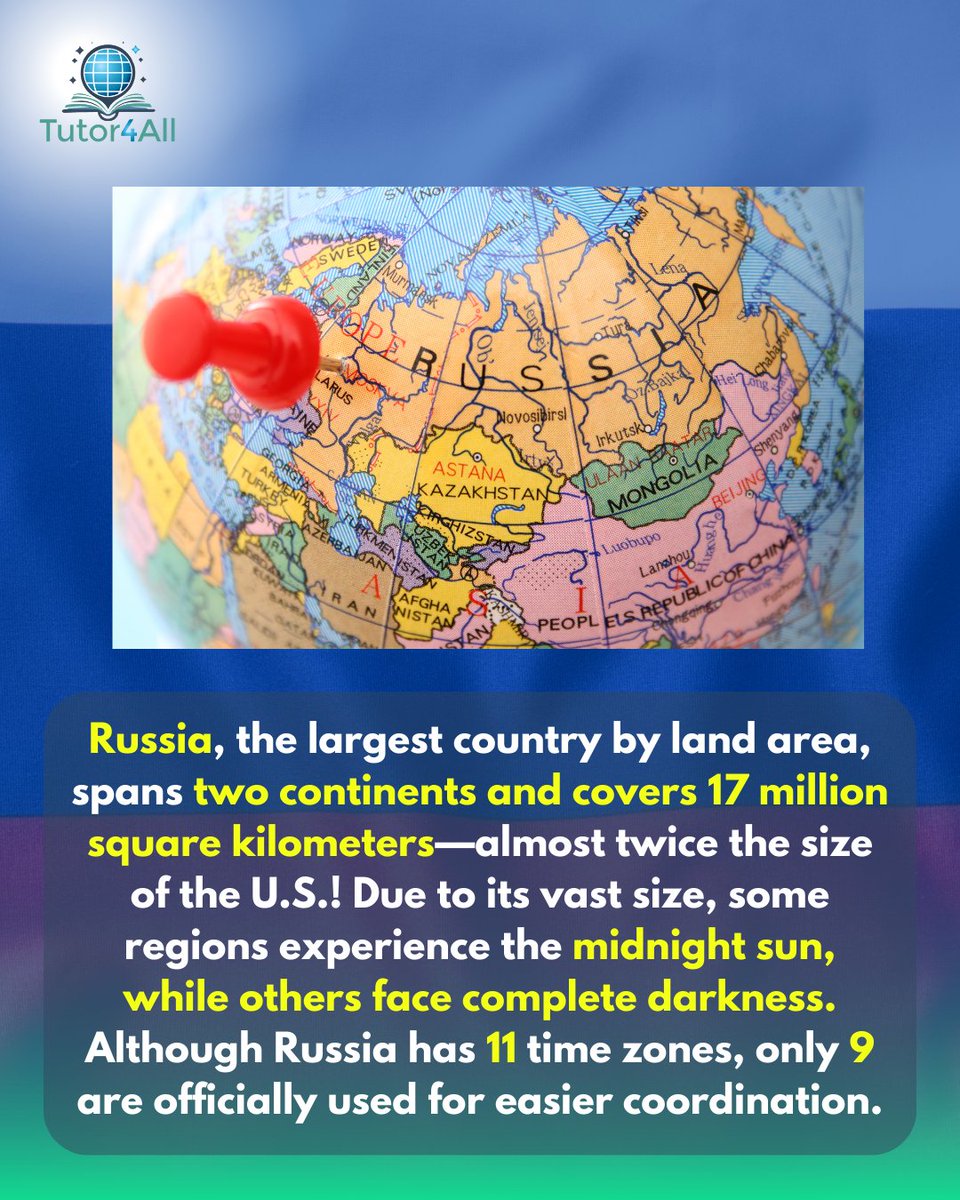 thetutor4all's tweet image. Russia, the largest country in the world, spans 11 time zones and 17 million square kilometers. It stretches across Europe and Asia, with regions experiencing the midnight sun and total darkness. Despite this, only 9 time zones are used for coordination.

#Tutor4All #Geography
