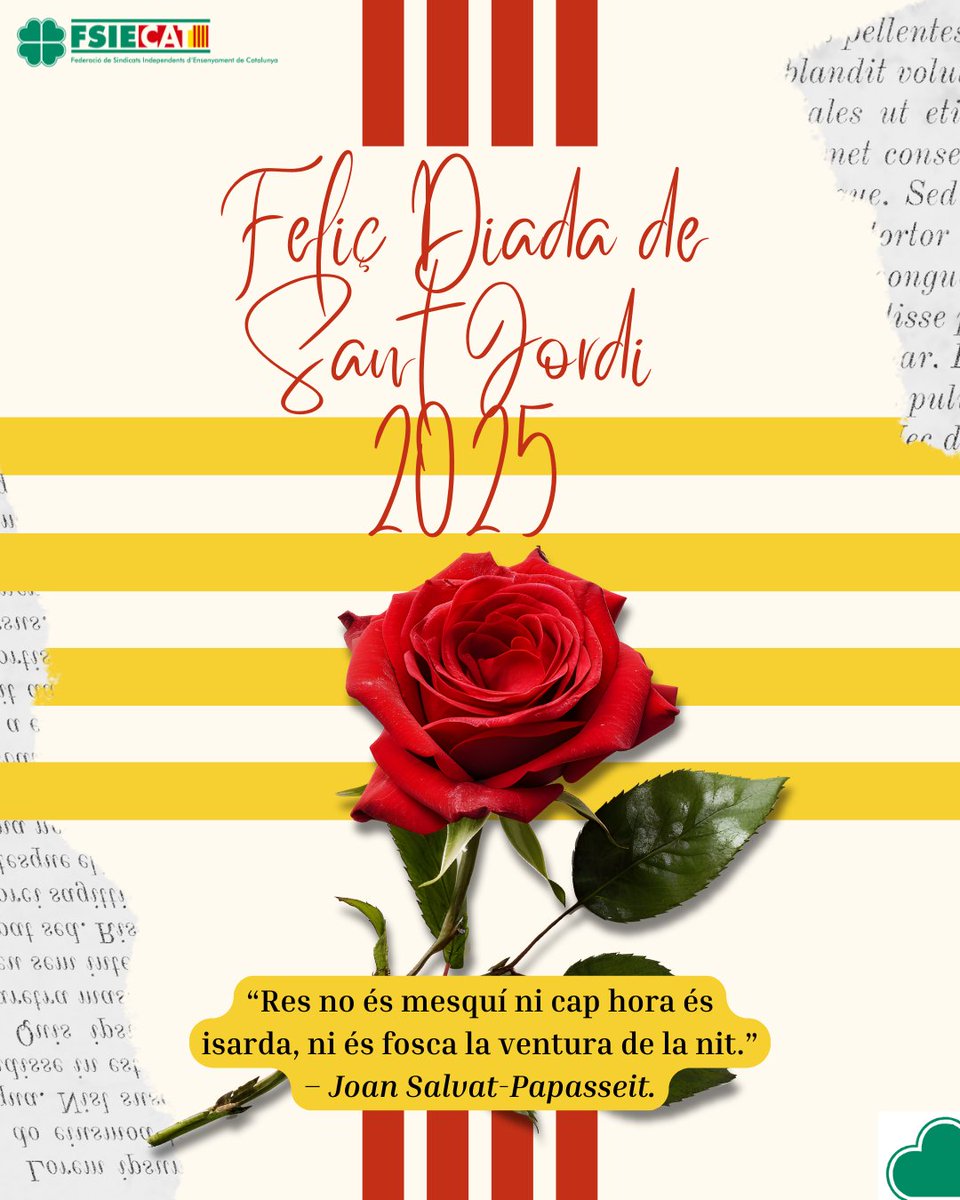Feliç Diada de Sant Jordi! 
Des de FSIE volem celebrar la passió pel coneixement, la lectura i la formació contínua. Els llibres són eines poderoses que inspiren, ensenyen i transformen vides. Feliç dia per a tots els docents, educadors i amants dels llibres!