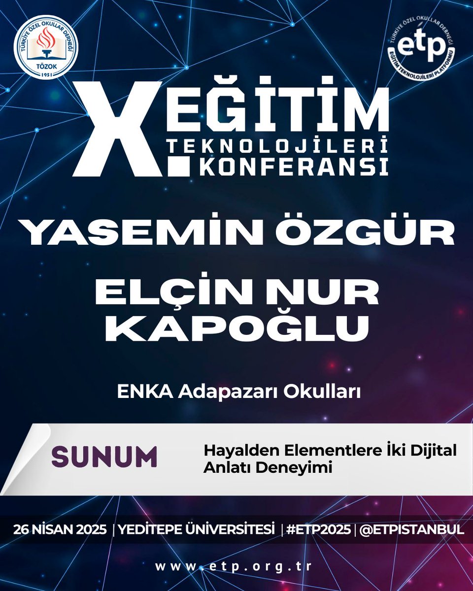 Yasemin Özgür ve Elçin Nur Kapoğlu,
“Hayalden Elementlere İki Dijital Anlatı Deneyimi” başlıklı sunumlarıyla #ETP2025’te sahnede!

👉🏼 Dinleyici kaydı için son gün: 24 Nisan 2025
Detaylar ve kayıt: etp.org.tr
<a href="/etpistanbul/">ETP İstanbul #ETP2025</a>