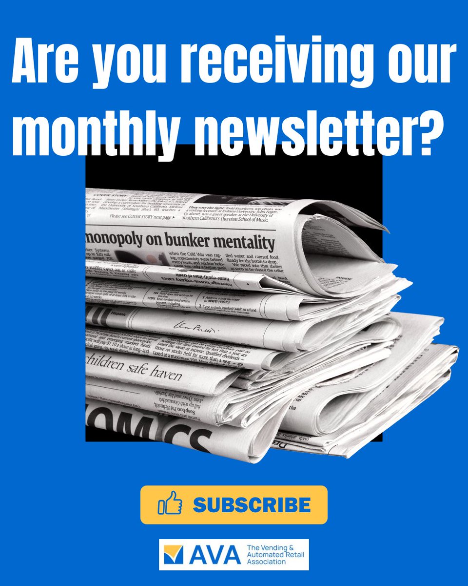Stay Informed with the AVA Monthly Newsletter!

📢 Subscribe now using the sign-up link at the bottom of our website: the-ava.com/news/

#ProudToBeAVA #VendingIndustry #IndustryNews #BusinessUpdates #StayInformed #LegislationUpdates #AVAEvents
