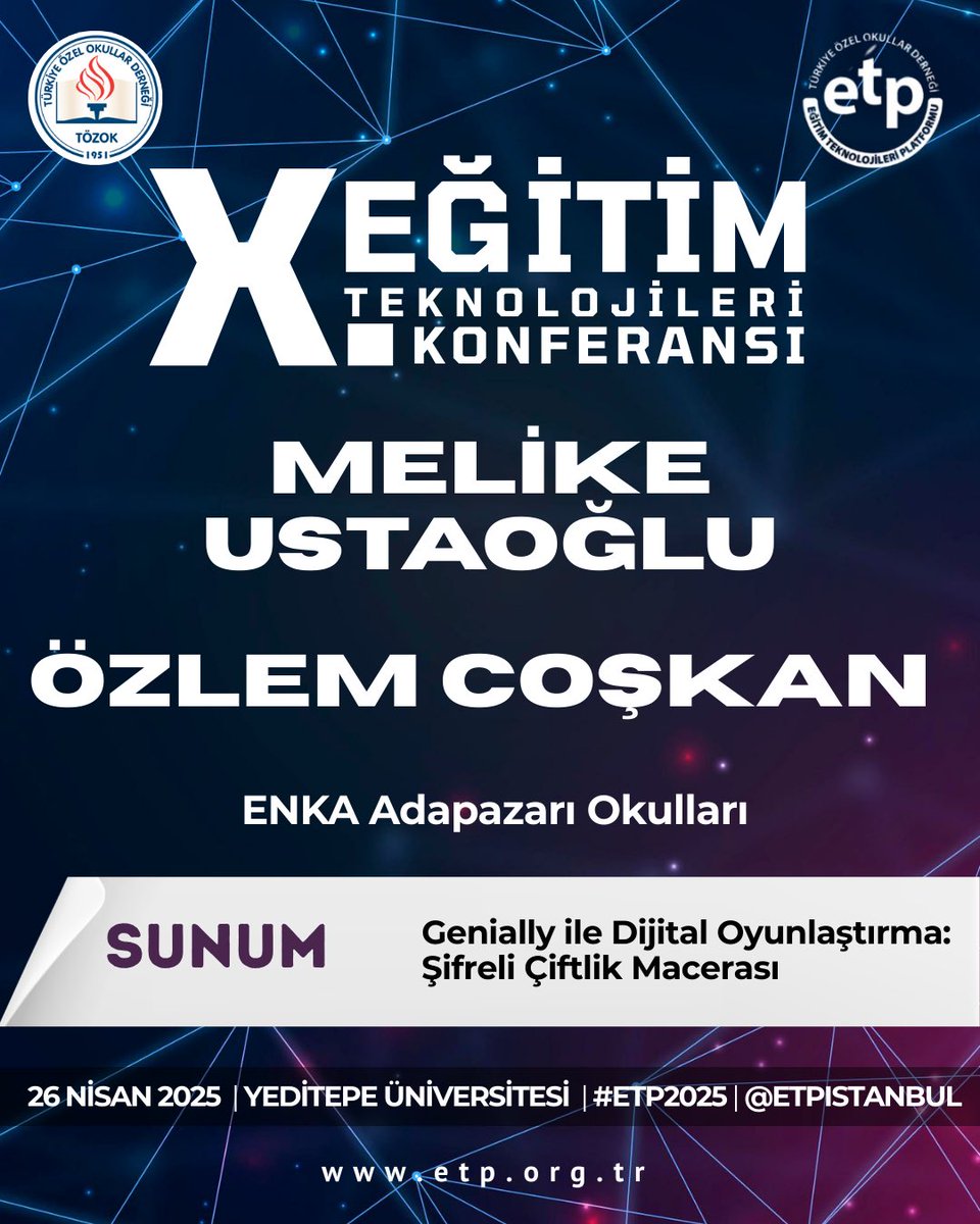 Melike Ustaoğlu ve Özlem Coşkan,
“Genially ile Dijital Oyunlaştırma: Şifreli Çiftlik Macerası” sunumlarıyla #ETP2025’te sahnede!

👉🏼 Dinleyici kaydı için son gün: 24 Nisan 2025
Detaylar ve kayıt: etp.org.tr
<a href="/etpistanbul/">ETP İstanbul #ETP2025</a>