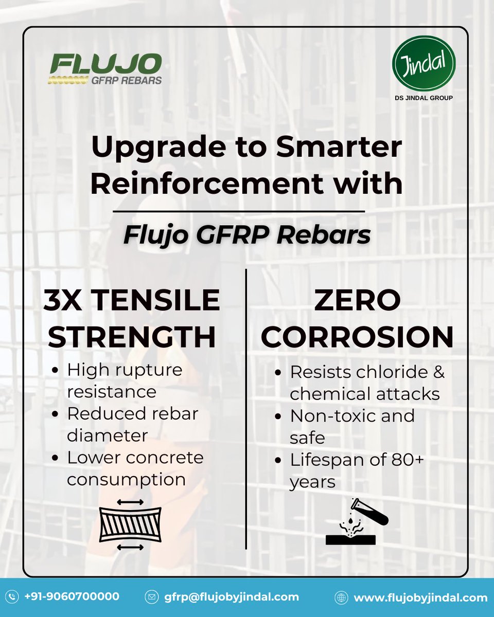 DSJindalGroup's tweet image. 💡 Upgrade to smarter reinforcement with Flujo GFRP Rebars!
✅ 3X Tensile Strength
✅ Zero Corrosion
✅ 80+ Years Lifespan
Say goodbye to corrosion &amp;amp; heavy maintenance! 💪
🌐 flujobyjindal.com | 📞 +91-9060700000

#FlujoGFRP #SmartConstruction #StrongerStructures