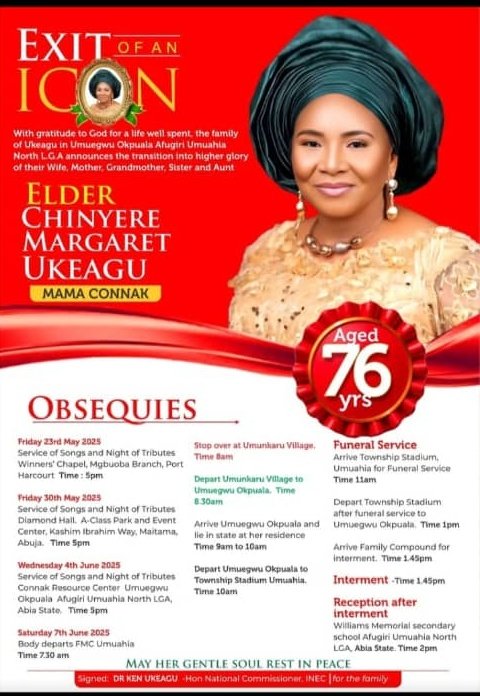 *OHUHU WELFARE UNION YOUTH WING* 
22-04-2025. 

 *CONDOLANCE MESSAGE TO UKEAGU FAMILY* 

Ohuhu Welfare Union Youth Wing is deeply saddened by the loss of our mother, *Elder Mrs. Chinyere Margaret Ukeagu (Mama Connak). We know how much she meant to you, and we share in your grief.