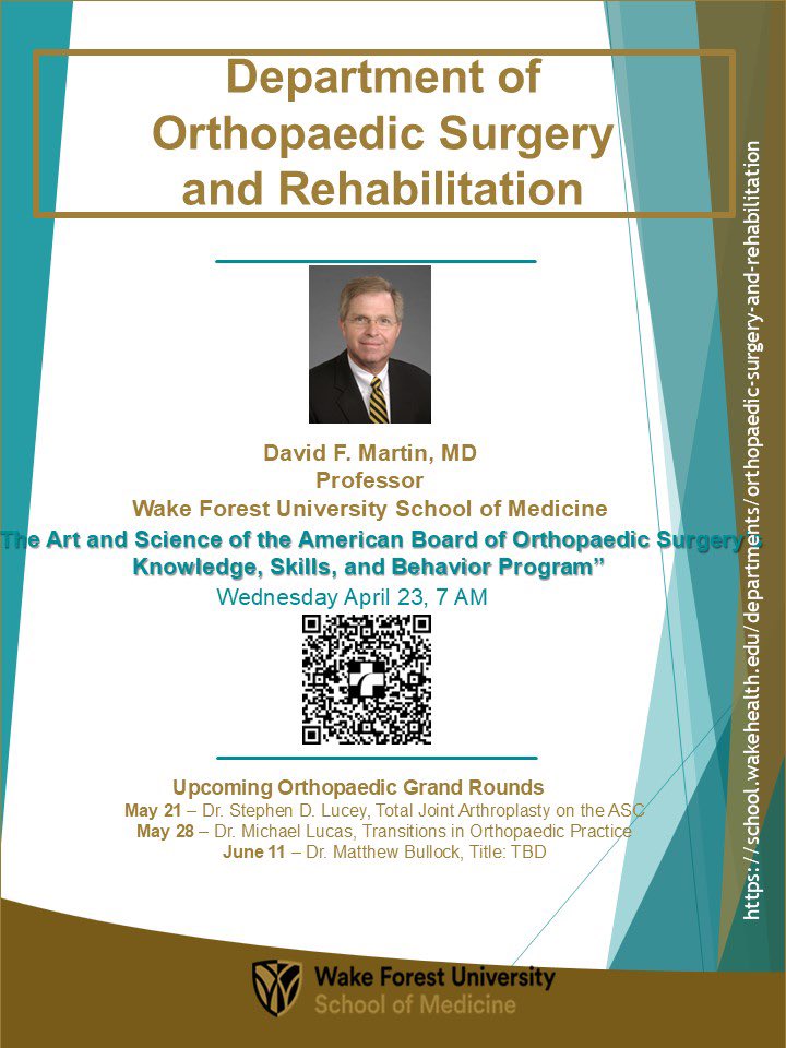 For Grand Rounds this Wednesday, we would like to welcome Dr. David Martin. He will be discussing “The Art and Science of the American Board of Orthopaedic Surgery: Knowledge, Skills, and Behavioral Program”, so tap in via QR Code above, as we are so excited to hear from Dr.