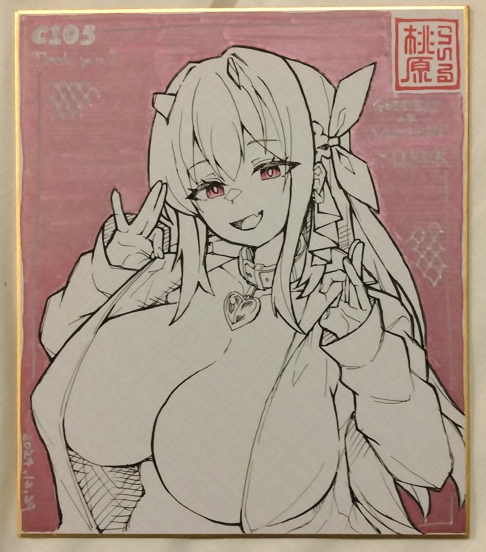 BOOTHにて出品させて頂きましたメガニケ彼シャツ色紙🍑✨
出品手続き後、サンプル差し替え用の写真を撮りに行っている間に
お迎え頂けてました! ありがとうございます!🥳🎉✨
入荷お知らせボタンを押して頂けましたら、新たに描かせて頂きますので、
良かったらご利用ください～🙇‍♂️🙏 