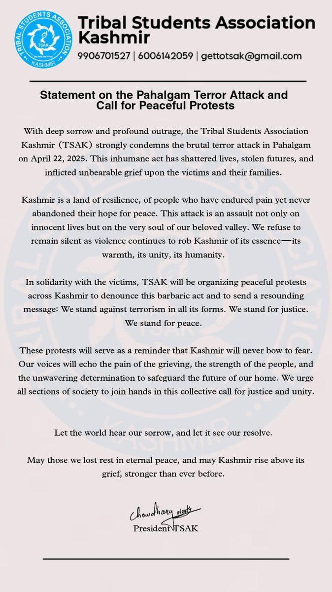 STATEMENT on THE PEHALGAM TERROR ATTACK and CALL FOR PEACEFUL PROTESTS!