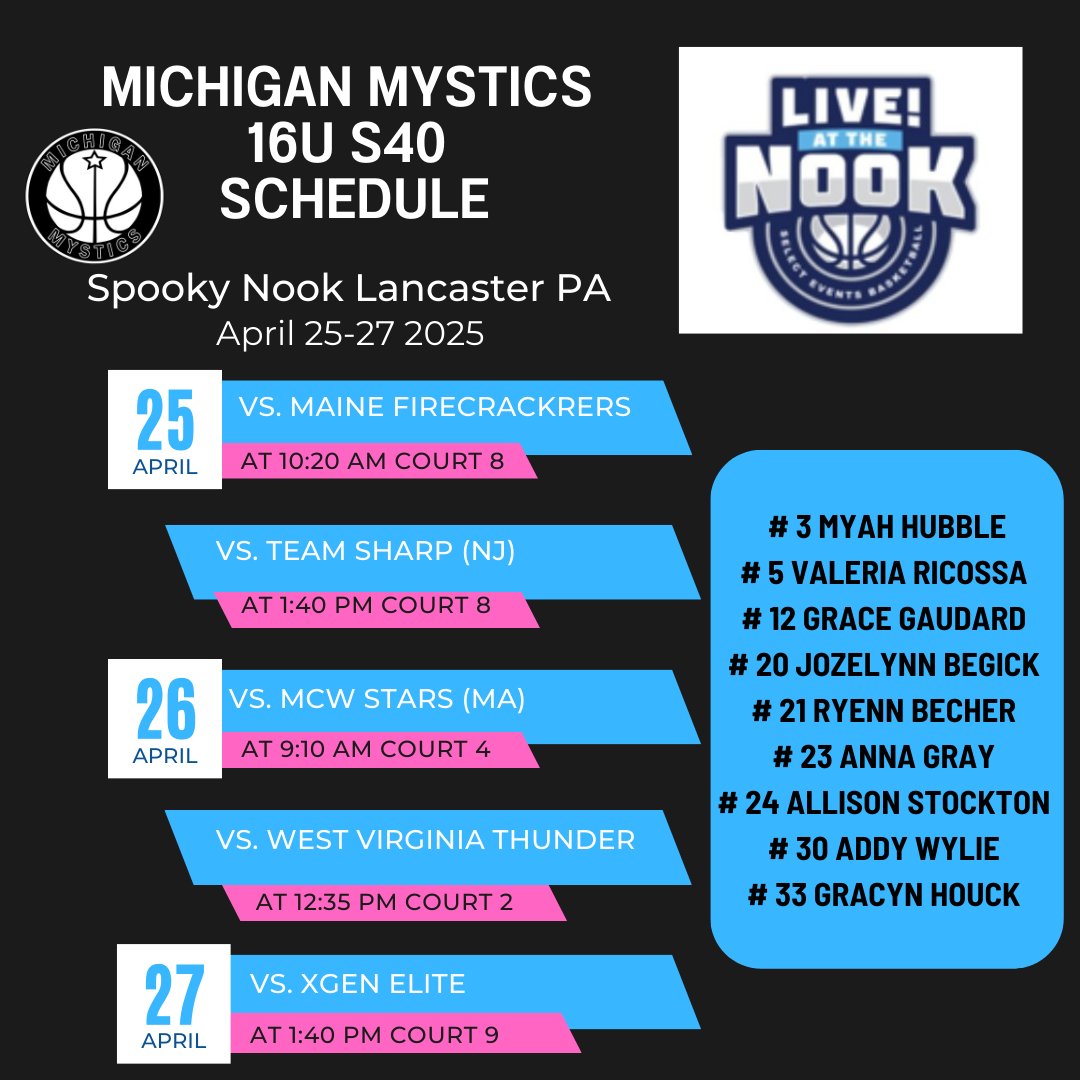 Michigan Mystics 2027 S40 (@2027mystics) on Twitter photo Headed to PA this weekend for Live at the Nook. Here's our schedule, come check us out! <a href="/MImystics/">Michigan Mystics</a> Headed to PA this weekend for Live at the Nook. Here's our schedule, come check us out! <a href="/MImystics/">Michigan Mystics</a>