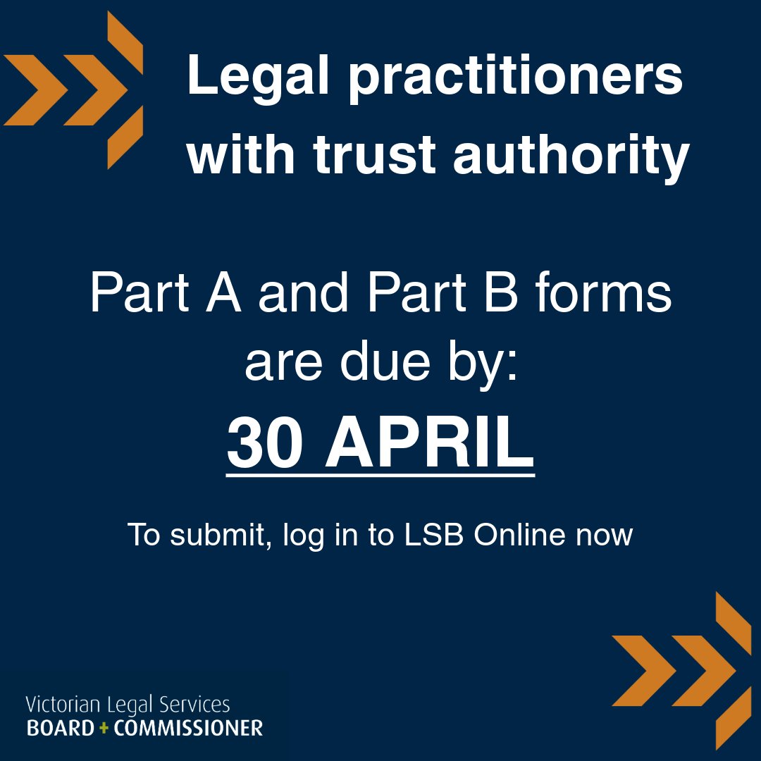 Legal practitioners 📣 Have you submitted Part A: Law Practice Confirmation and Part B: Statement of Trust Money?
 
Both forms are due by WEDNESDAY 30 APRIL 2025.
 
Make sure you submit while there's still time: lnkd.in/gUFD522c