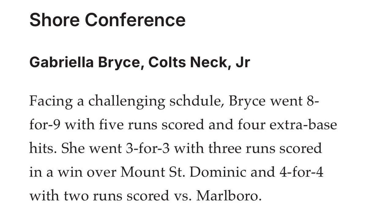 Gabriella Bryce (@gbryce2026) on Twitter photo Happy to say I was chosen as Shore Conference Player of the Week!!
<a href="/ColtsNeckSB/">Colts Neck Softball</a> <a href="/CNHSAthletics/">Colts Neck Athletics and Activities</a> <a href="/ShoreConfSB/">Shore Conference Softball</a> <a href="/NJUnityMchale/">NJ Unity 16U Torres/McHale</a> <a href="/S_McHale12/">Shawn</a> <a href="/UpstateSoftball/">USC Upstate Softball</a> <a href="/PACKUPSTATE/">bryan pack</a> Happy to say I was chosen as Shore Conference Player of the Week!!
<a href="/ColtsNeckSB/">Colts Neck Softball</a> <a href="/CNHSAthletics/">Colts Neck Athletics and Activities</a> <a href="/ShoreConfSB/">Shore Conference Softball</a> <a href="/NJUnityMchale/">NJ Unity 16U Torres/McHale</a> <a href="/S_McHale12/">Shawn</a> <a href="/UpstateSoftball/">USC Upstate Softball</a> <a href="/PACKUPSTATE/">bryan pack</a>