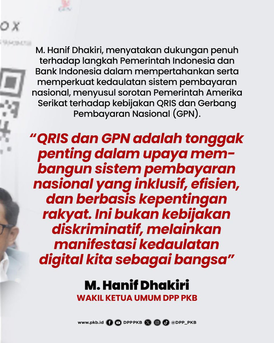 QRIS dan GPN disorot AS, Hanif Dhakiri tegaskan dukungan penuh pemerintah mempertahankan dan memperkuat sistem pembayaran nasional ini yang inklusif dan berpihak pada rakyat.

#QRIS #GPN <a href="/hanifdhakiri/">MHD</a>