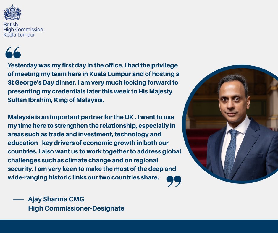 UK in Malaysia🇬🇧 (@ukinmalaysia) on Twitter photo High Commissioner-Designate Mr <a href="/AjaySharmaFCO/">Ajay Sharma</a> CMG has arrived in Kuala Lumpur to commence his appointment.
Here is his first message.
🇬🇧🤝🇲🇾 High Commissioner-Designate Mr <a href="/AjaySharmaFCO/">Ajay Sharma</a> CMG has arrived in Kuala Lumpur to commence his appointment.
Here is his first message.
🇬🇧🤝🇲🇾