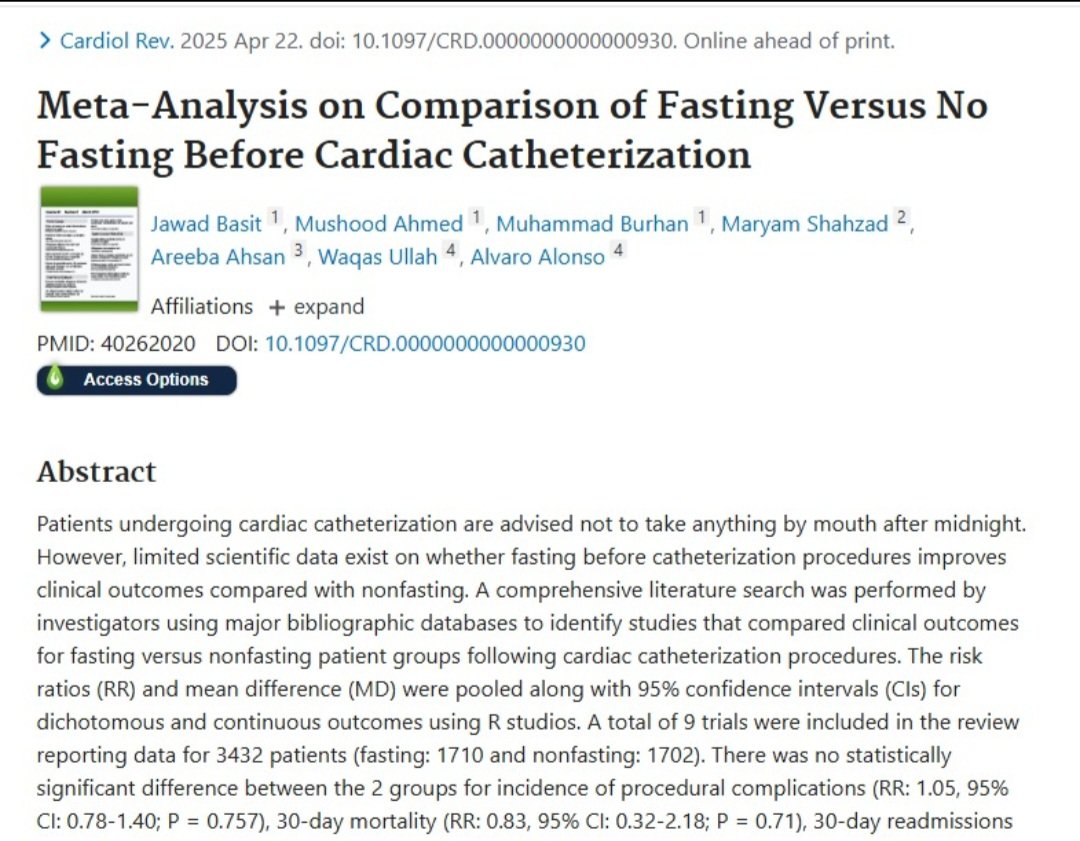 MushoodCh's tweet image. Our meta-analysis (9 trials, 3432 patients) shows no difference in clinical outcomes between fasting & nonfasting patients.
But: Nonfasting = higher patient satisfaction.
Time to rethink the NPO rules? 👀
pubmed.ncbi.nlm.nih.gov/40262020/
@jawadbasit4