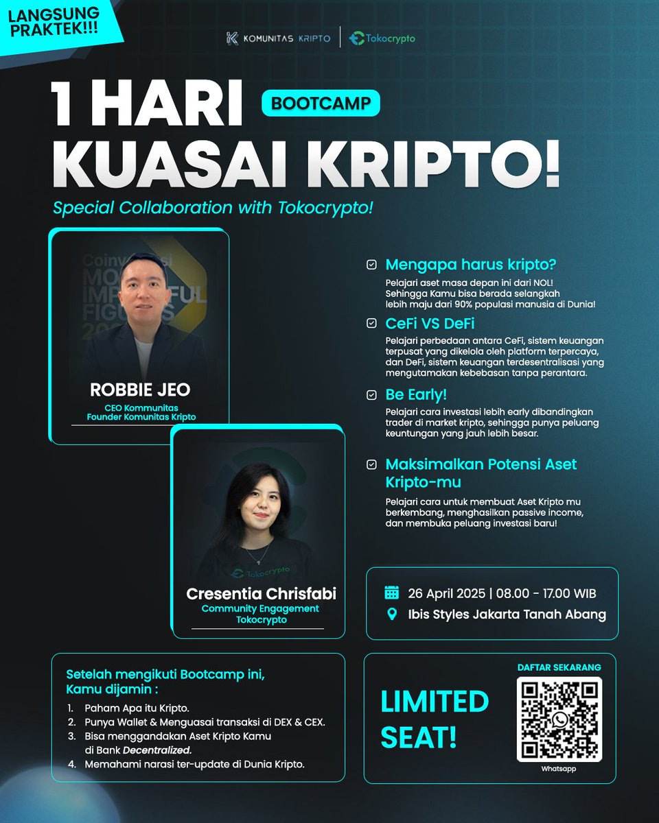 Belajar cara nyari cuan di dunia kripto dari NOL!. Langsung PRAKTEK! 

Di Bootcamp "1 Hari Kuasai Kripto", kamu bakal belajar:

✅ Belajar Kripto dari NOL.
✅ Memahami Bedanya CeFi &amp; DeFi.
✅ Be Early! 
✅ Cara Memaksimalkan Potensi Aset Kripto-mu. 

📝Note: Profit dari kripto