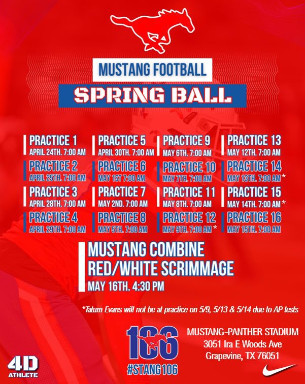 Thursday - Spring ball begins - Go to time 106, let’s get to work ‼️🐎💪🏼
<a href="/coachrsmith12/">Coach Ryan Smith</a> <a href="/CoachZachClark/">Zach Clark</a> <a href="/freezysmalls/">Freezy Smalls II</a> <a href="/bholland825/">Bobby Holland</a> <a href="/GHSMustangsFB/">GHSMustangsFootball</a> <a href="/GVineAthletics/">GHS Athletics</a> <a href="/GCISD_Athletics/">GCISD Athletics Dept.</a> 
#stangcomp106