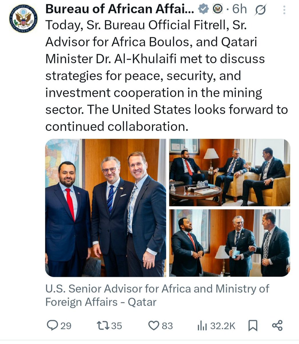 Mu gihe ibiganiro hagati ya @afcongo/M23 na <a href="/Presidence_RDC/">Présidence RDC 🇨🇩</a> byaberaga #Doha byakomeje kugumbaha, <a href="/AsstSecStateAF/">Bureau of African Affairs</a> na #Qatar bahumuje inama imaramaza kwishorera imari mu birombe by'amabuye y'agaciro.Ibyo muri <a href="/Presidence_RDC/">Présidence RDC 🇨🇩</a> byaba nabyo birimo? <a href="/Abbey_K1/">Abbey K</a> <a href="/JanvierPopote/">Janvier POPOTE</a> <a href="/dr_dash250/">Dr. Dash</a>