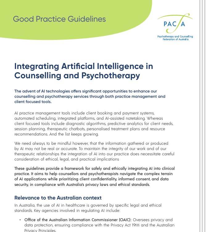 Adelaide School of Public Health (@adelaidesph) on Twitter photo ๐๐๐ ๐๐๐๐๐๐๐๐๐๐๐
by our colleague Alexandra Bloch-Atefi.
Good practice guidelines: Integrating #AI in counselling and psychotherapy
Publisher
https:/โ/โpacfa.org.auโcommon/โUploaded%20files/โPCFA/โDocuments/โGoodPracticeGuidelines-o_IntegraringAI.pdf ๐๐๐ ๐๐๐๐๐๐๐๐๐๐๐
by our colleague Alexandra Bloch-Atefi.
Good practice guidelines: Integrating #AI in counselling and psychotherapy
Publisher
https:/โ/โpacfa.org.auโcommon/โUploaded%20files/โPCFA/โDocuments/โGoodPracticeGuidelines-o_IntegraringAI.pdf