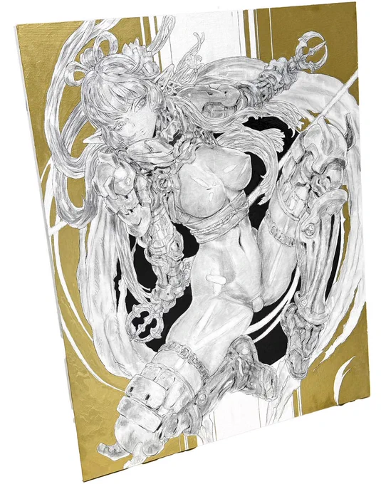 ところでまんだらけオークションに「あきまんの生原画」を出展しました。白黒絵に金の油絵の具を塗ったりしてます、大きさは50号で結構でかいです。今後の仕事方針としてアナログ絵の販売も考えて実験的に出してみました、よろしくお願いします(゜゜)(。。)ペコッ 