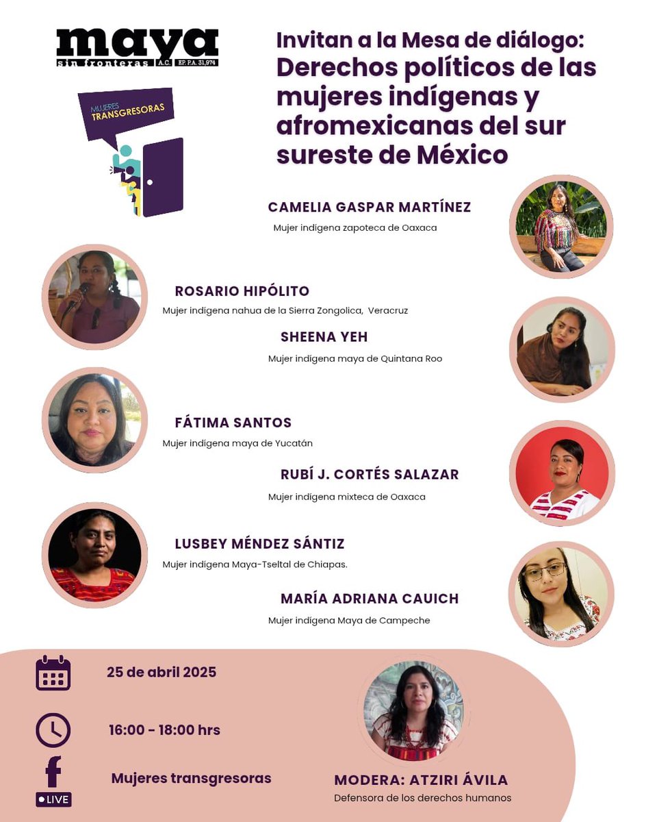 MTransgresoras's tweet image. *Mesa de diálogo: Derechos políticos de las Mujeres indígenas y afromexicanas del sur-sureste de México* | 📅 Viernes 25 de abril | ⏰16:00-18:00 | Facebook Live: Mujeres Transgresoras
